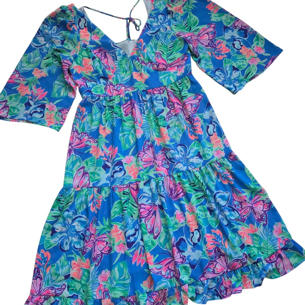 Lilly‎ Pulitzer Dress 8 Blue Floral Butterfly Tiered Mini V Neck Tie Back